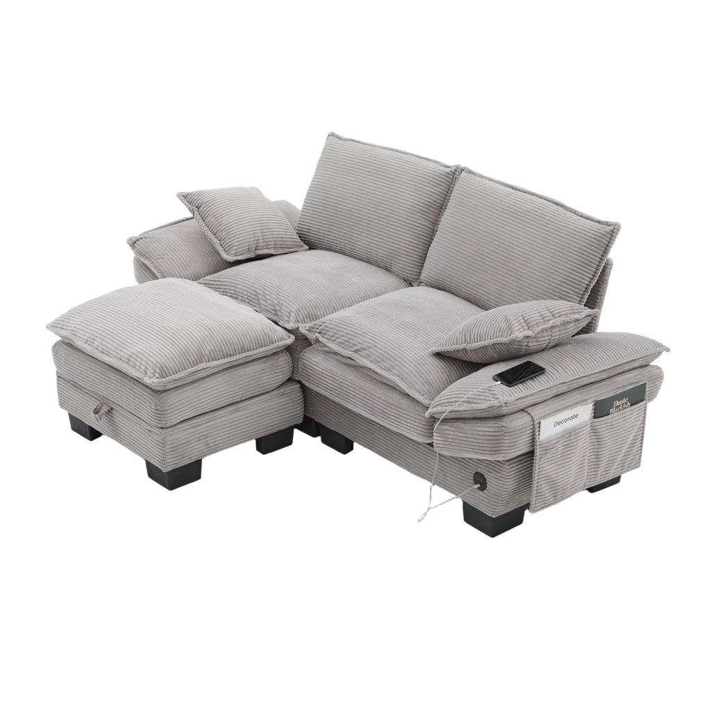 Divano 2 posti in tessuto corduroy con pouf, seduta ergonomica, USB-C e tasche laterali, grigio chiaro