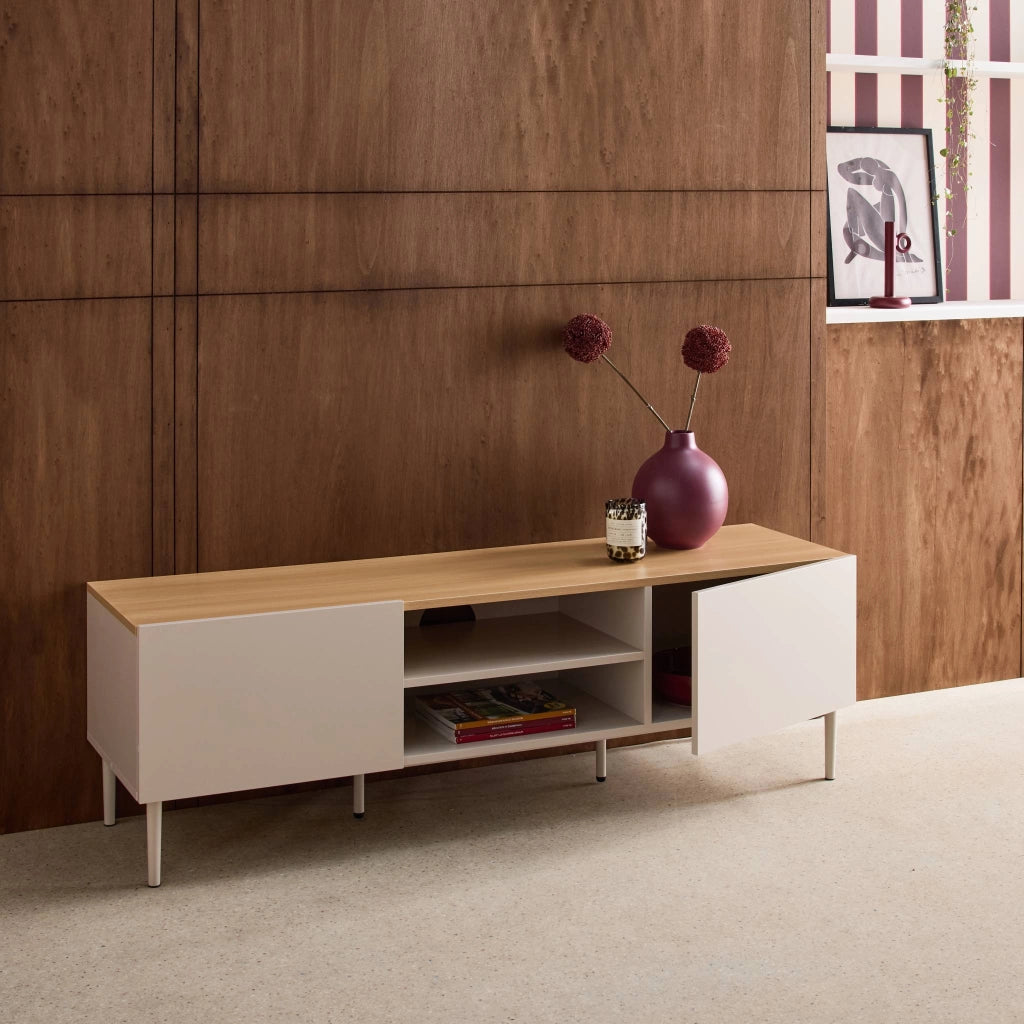Mobile tv in metallo e decorazione in legno 2 ante, 140cm, beige