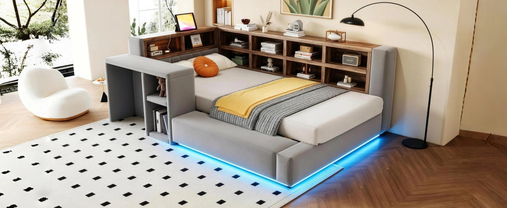 Letto imbottito 90 x 200 cm con testiera imbottita, vani portaoggetti, LED, prese integrate e tavolino laterale, Grigio scuro
