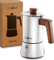 Macchina per espresso in acciaio inossidabile e legno di quercia duraturo, per 4 tazze, adatta per induzione, con cerniera in silicone aggiuntiva
