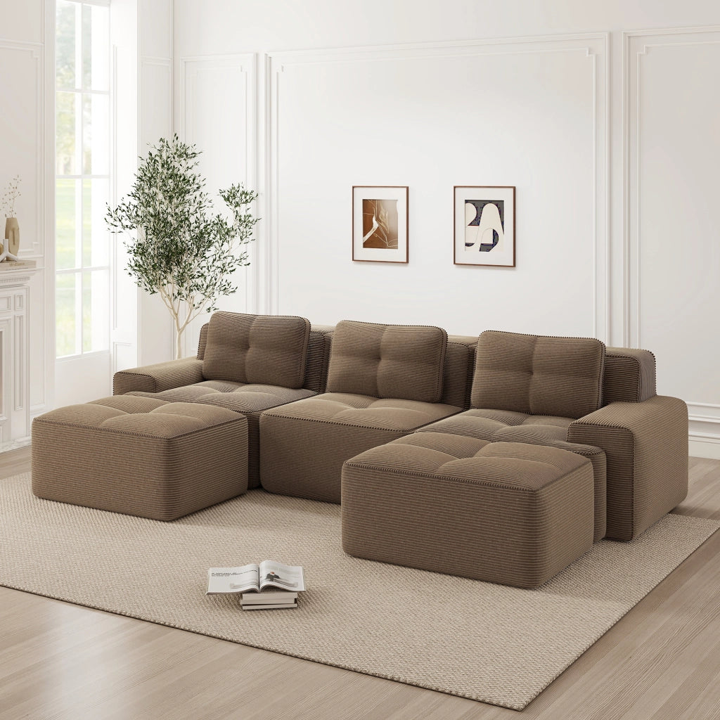 Divano modulare senza struttura con seduta profonda e design modulabile; in velluto a coste marrone