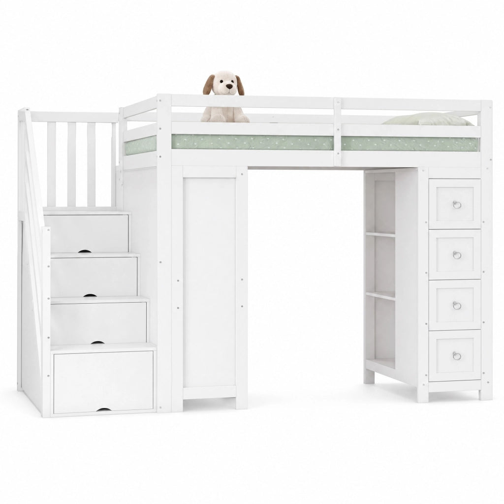Letto a Soppalco 90 x 200 cm - Scrivania; 6 Cassetti e Mensole - Bianco