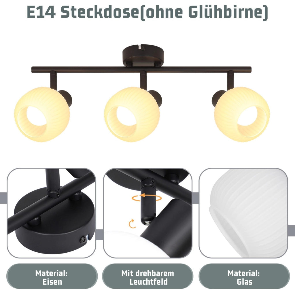 ZMH Faretto da soffitto a 3 luci Lampada da soffitto vintage in vetro nero E14 per soggiorno