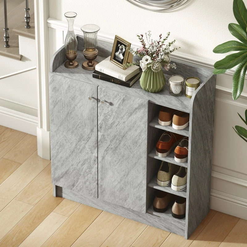 Armadietto per scarpe con 2 ante e 4 vani aperti con ripiano rialzato per ingresso in legno grigio 83 × 30 × 90 cm