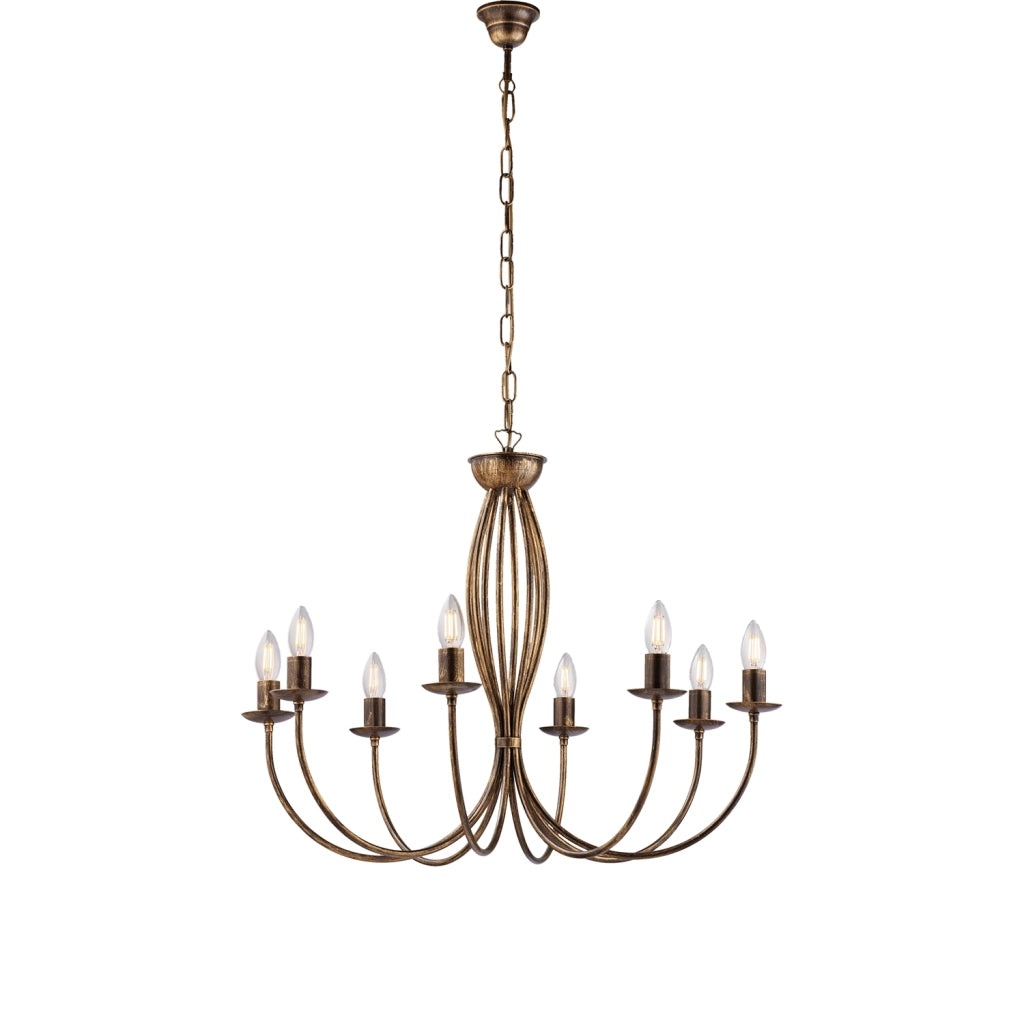Lampadario Rustico Botte 8 Luci In Ferro Battuto Marrone E Oro