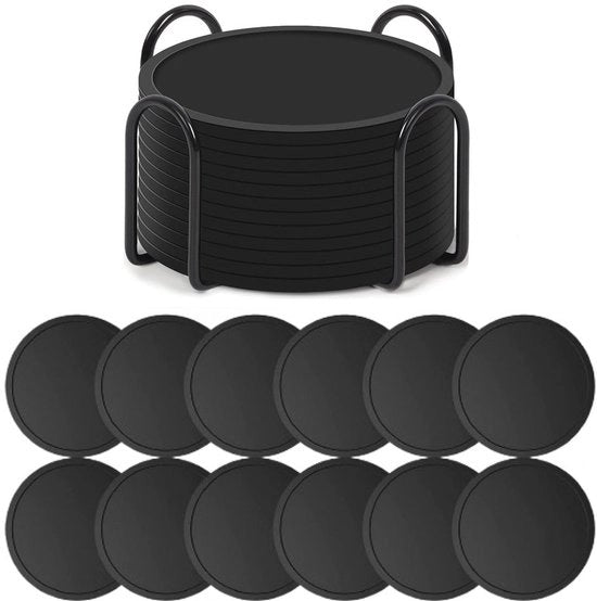 Set di 12 Sostegni in Silicone con Supporto - Sostegni per Vetrini - Sostegni in Silicone - Sostegni Ronde Design - Coasters - Anti Scivolamento - Resistente al Calore - Nero - Regalo