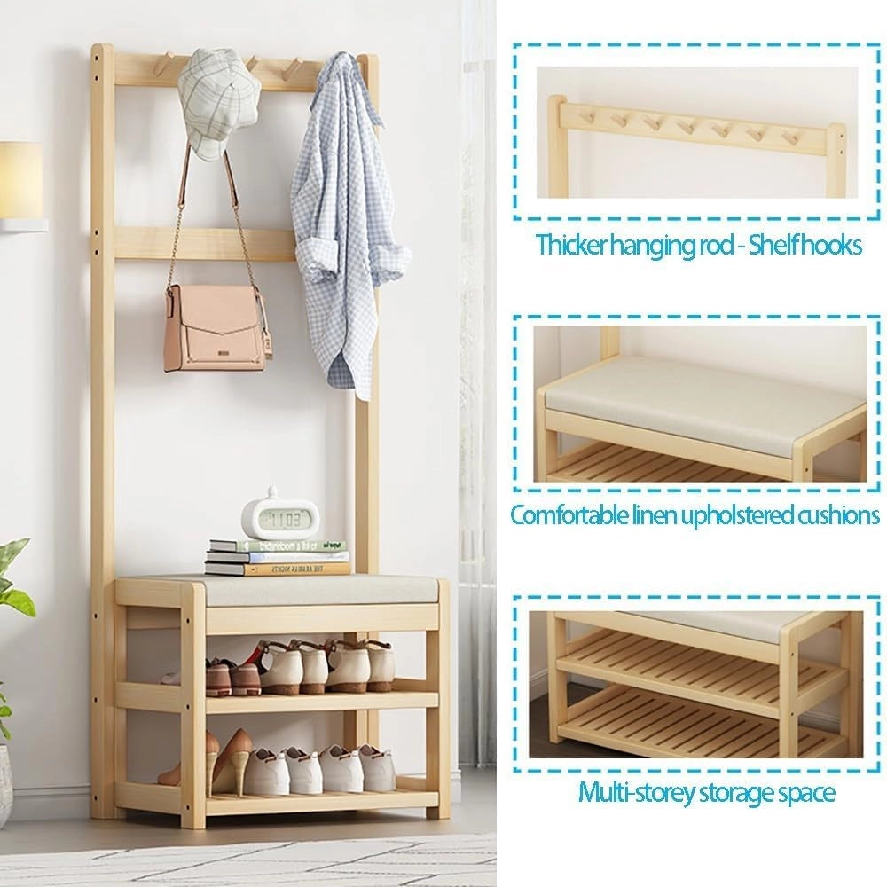 Appendiabiti in Legno, Appendiabiti Indipendente con Panca per Scarpe 5 Ganci, Appendiabiti per Abiti, Appendiabiti per Camera da Letto, casa, Ufficio, Interni (L: 64/74/84 cm)