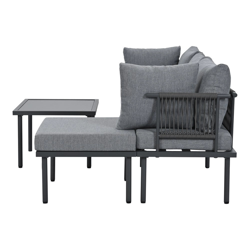 Set Divano da Giardino con Tavolino e Poggiapiedi ¨C Xylo ¨C Polyrattan, Grigio/Nero