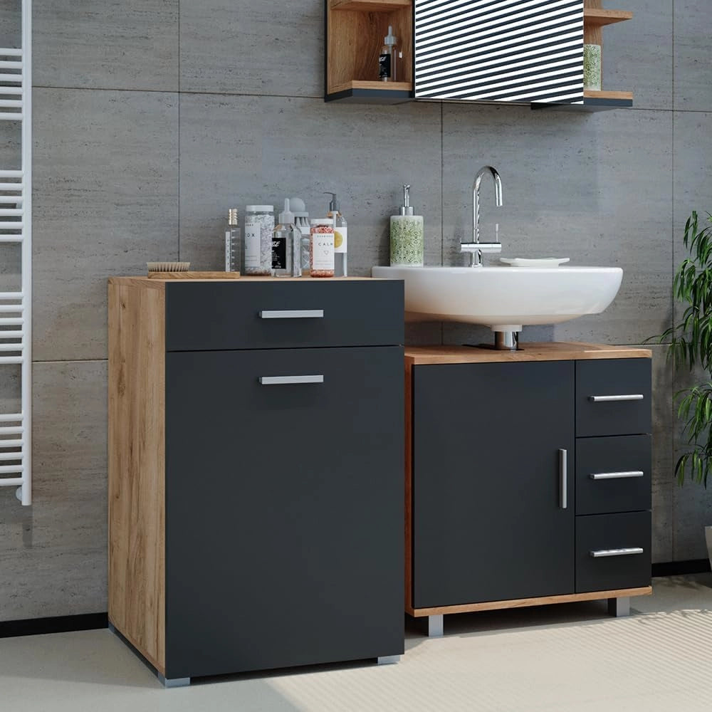 Armadietto da bagno con portabiancheria Matteo, Antracite, 50 x 78.5 cm, con cestino portabiancheria pieghevole integrato e soluzione salvaspazio