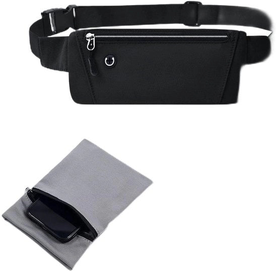 Set a doppio con cinturino sport per vita nero e bracciale grigio - design elastico regolabile - impermeabile - leggero e respirabile per jogging, camminata, fitness
