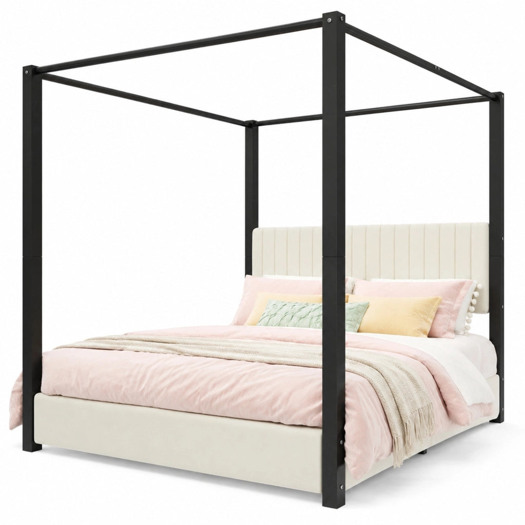 Letto Matrimoniale 180 x 200 cm; con Baldacchino; Testiera Imbottita; in Metallo; Beige e Nero