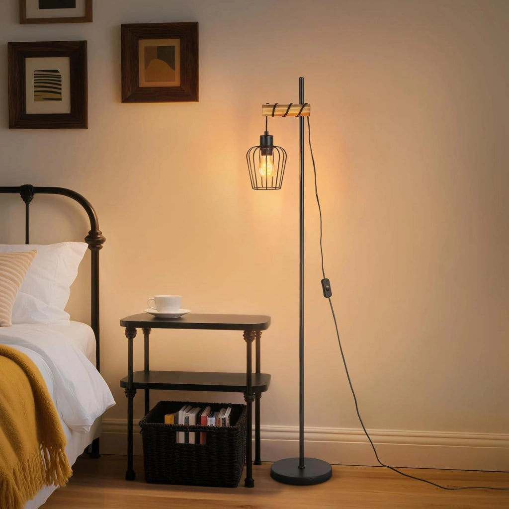 ZMH Lampada da terra vintage legno nera metallo industriale E27 146cm per soggiorno senza lampadina