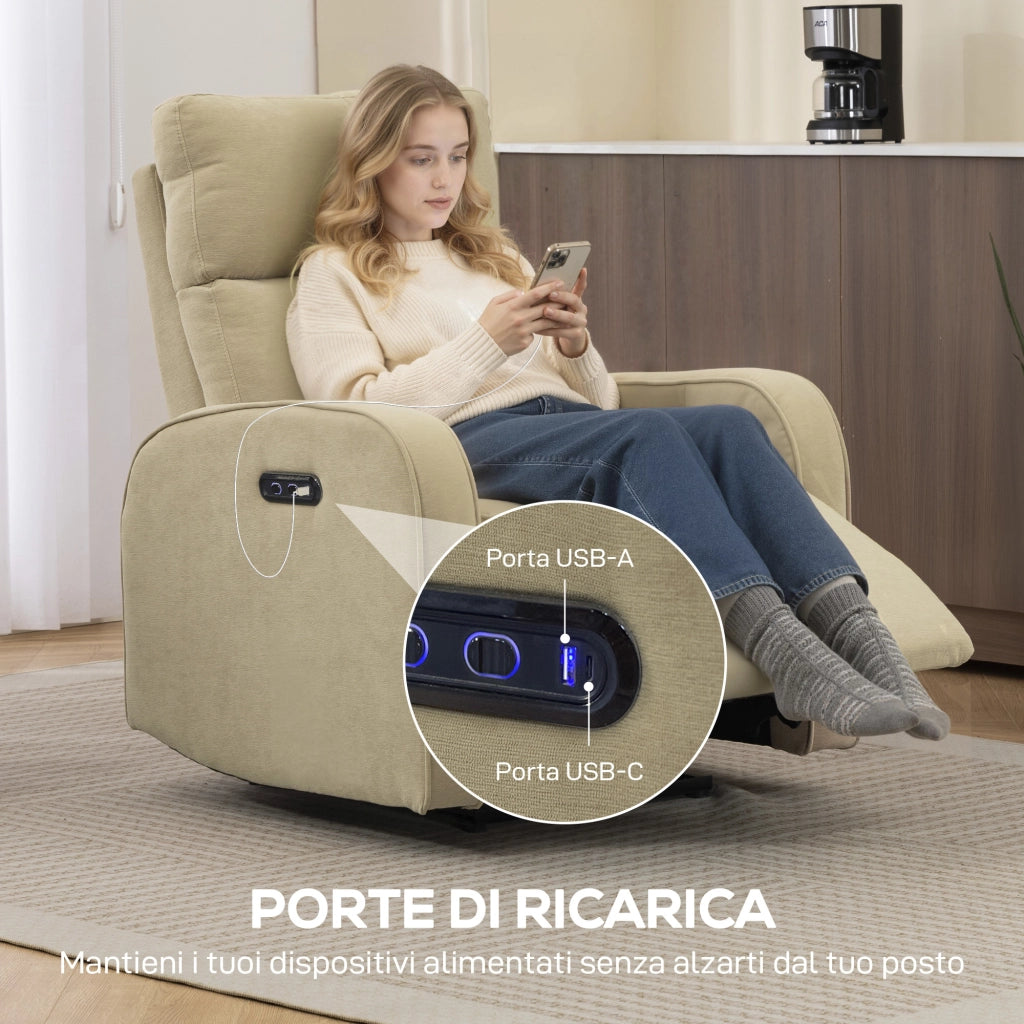 Poltrona Reclinabile Elettrica 80x93x103 cm con Poggiapiedi Poggiatesta Regolabile e Prese in Ciniglia Beige
