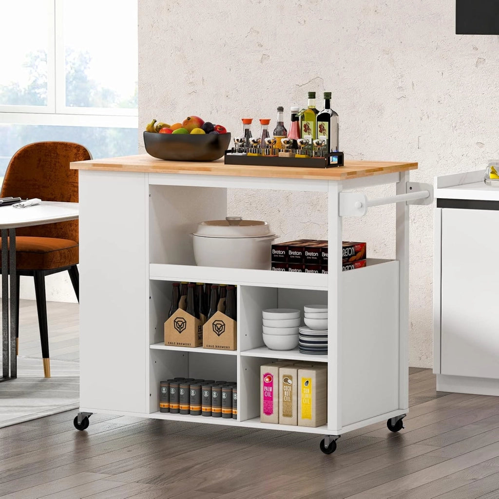 Carrello da Cucina, Carrello con Piano in Legno di Gomma con 4 Ripiani Regolabili Cassetto Ripiani per Spezie Porta Asciugamano e Ruote Bloccabili, 117x60x99 cm (Bianco)