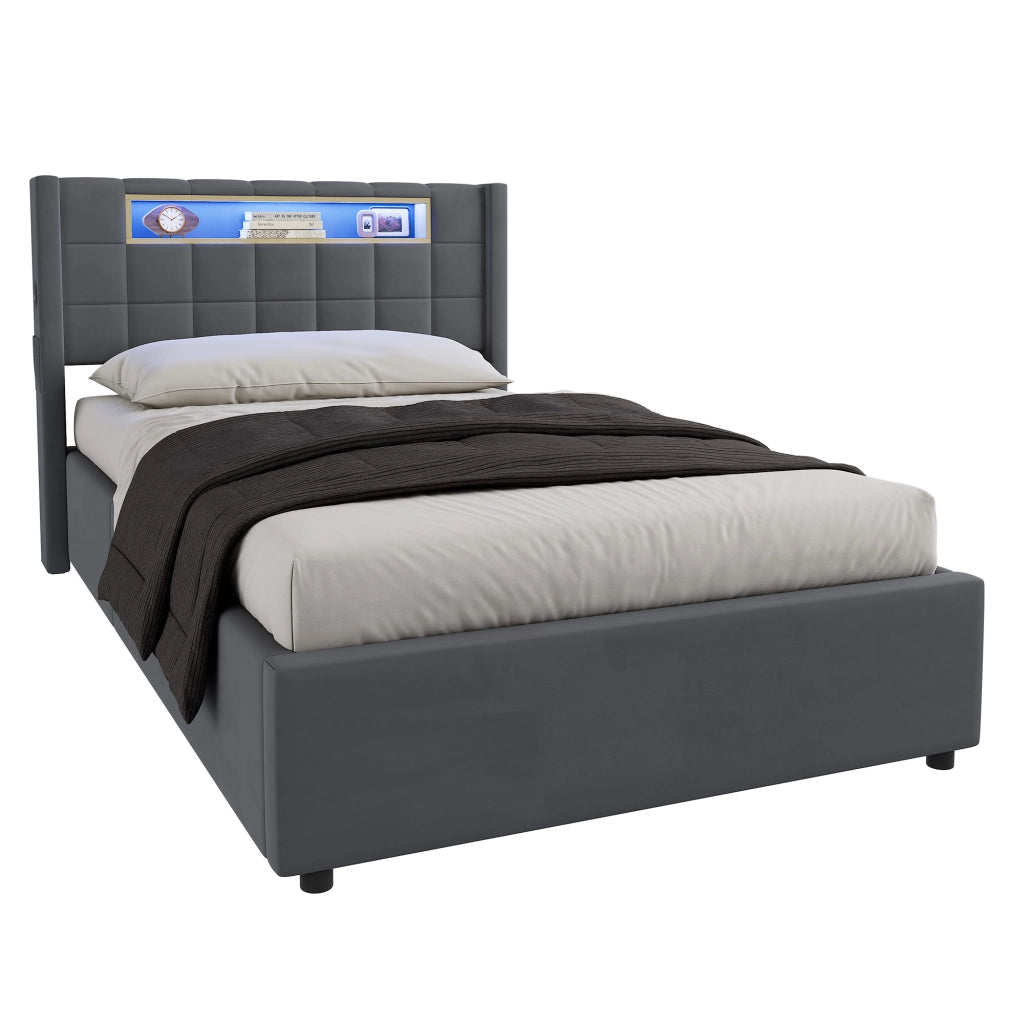 Letto singolo imbottito 90 x 200 cm in velluto grigio con contenitore idraulico, LED e porte USB/Type-C