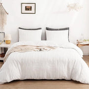 Set di coperte bohemien, 135 x 200 cm, 4 pezzi, bianco, bordatura a fiori, a strisce, stile bohemien, coperta per letto, microfibra lavabile, set di coperte per letto reversibile con chiusura a zip e cuscini 80.