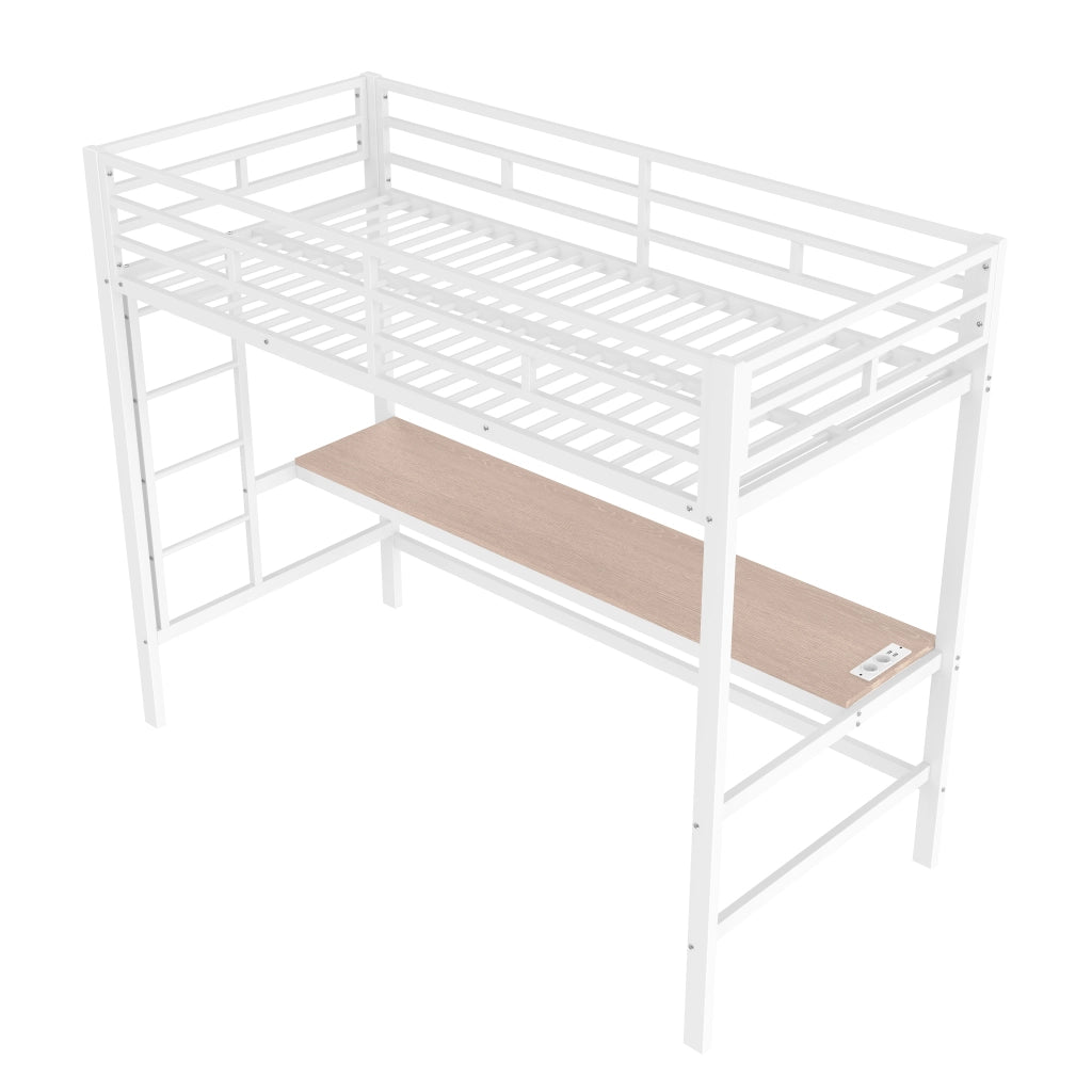 OKWISH Letto a Soppalco 90×200 cm, Letto Singolo con Scrivania, LED Regolabile e Porte USB Tipo C, senza Materasso, Metallo, Bianco