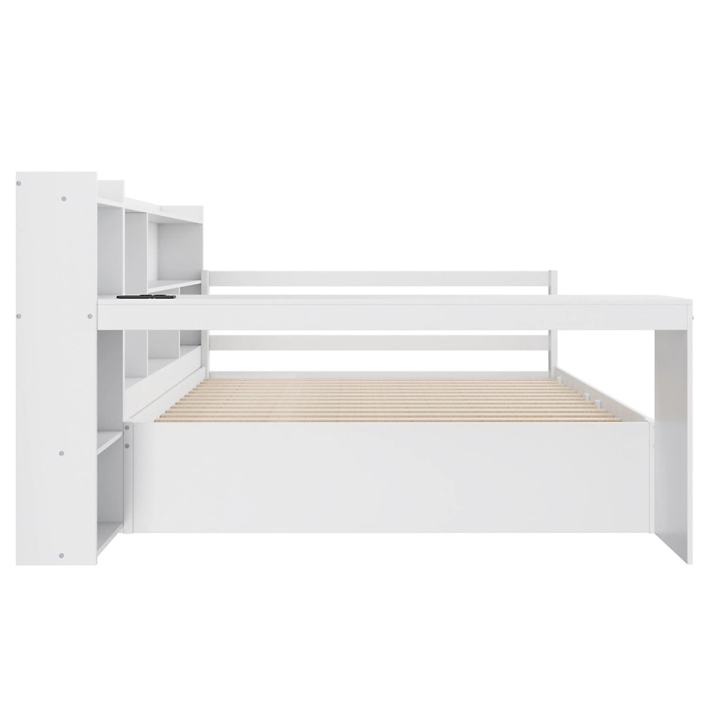 Sofa letto 140x200 cm con letto estraibile; ripiani e presa in legno bianco