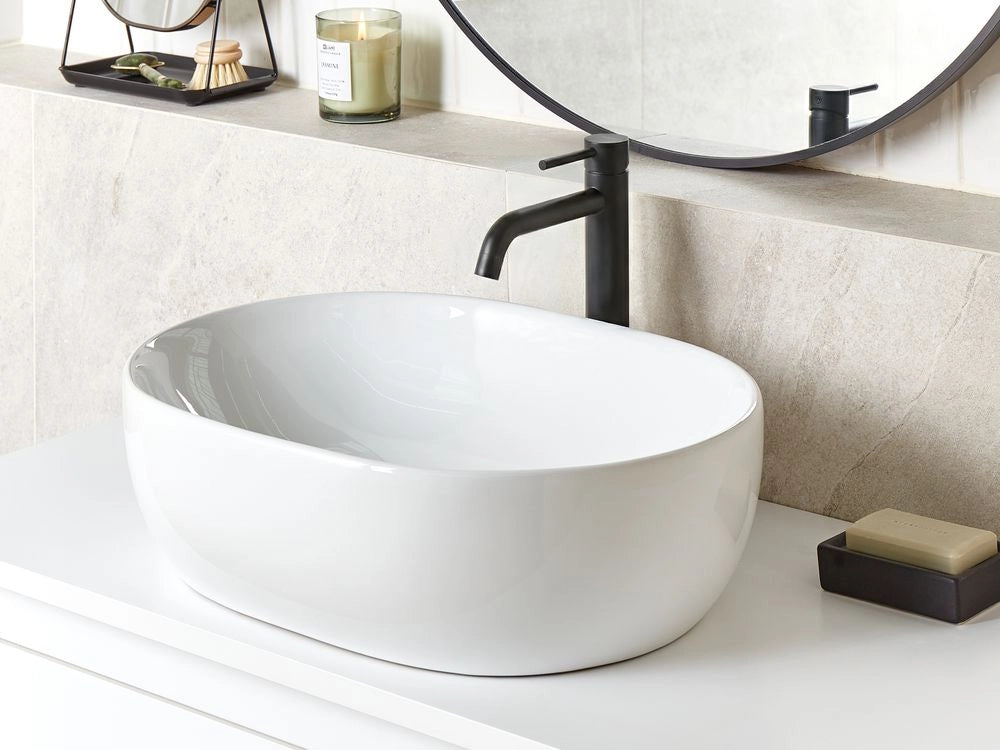Lavabo da appoggio Bianco finitura lucida Ceramica 480 x 340 mm Lavandino ovale per bagno