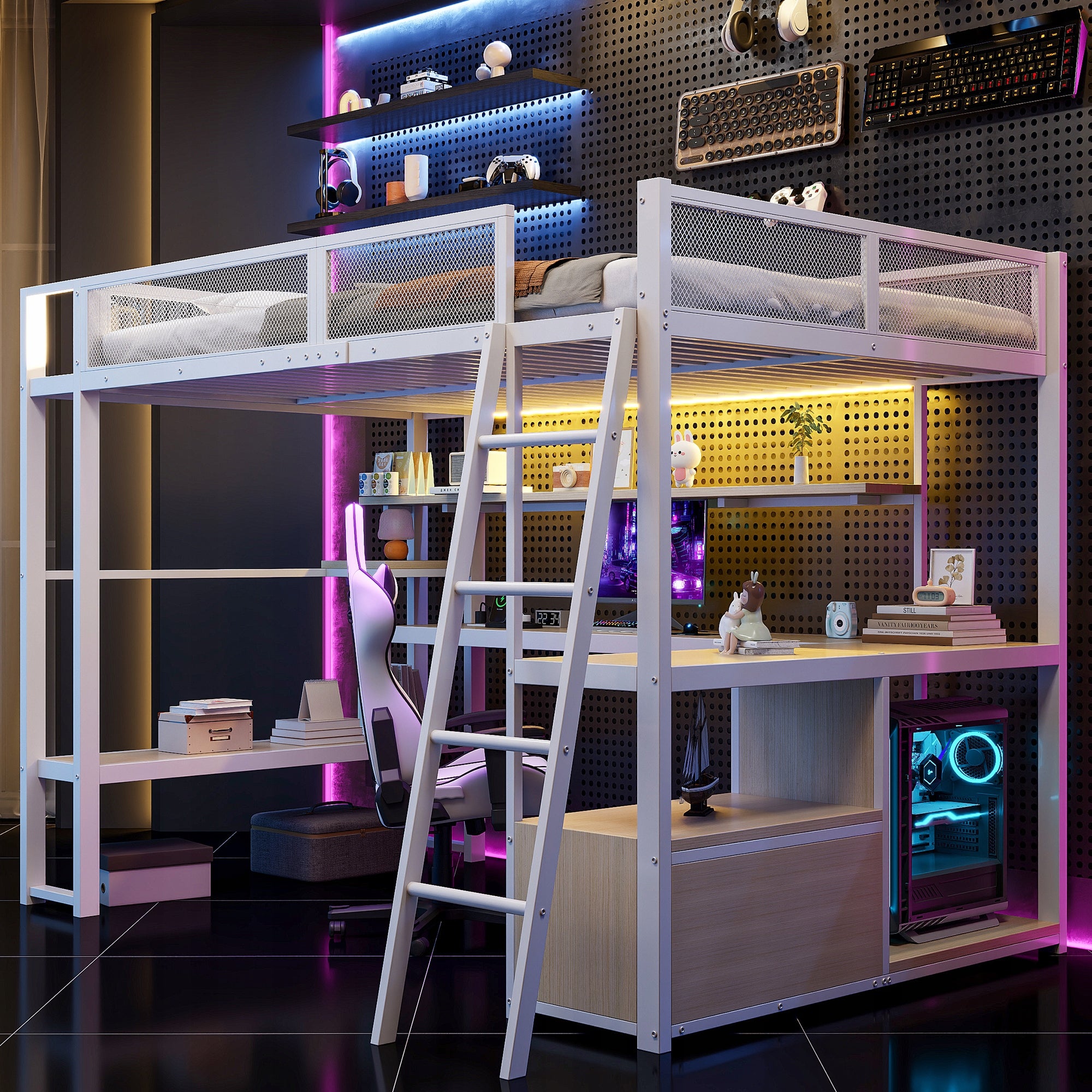 Letto gaming con scrivania - Xylo - 140x200 - Bianco - LED