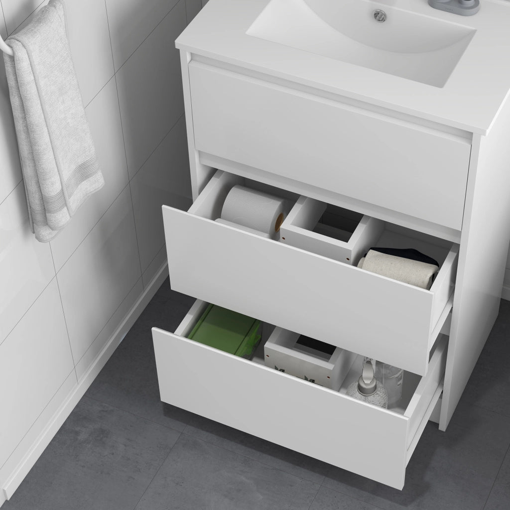 Mobile da Bagno con 2 Cassetti e Lavabo in Ceramica ¨C Zephmum ¨C 61x37x88 cm Bianco Lucido