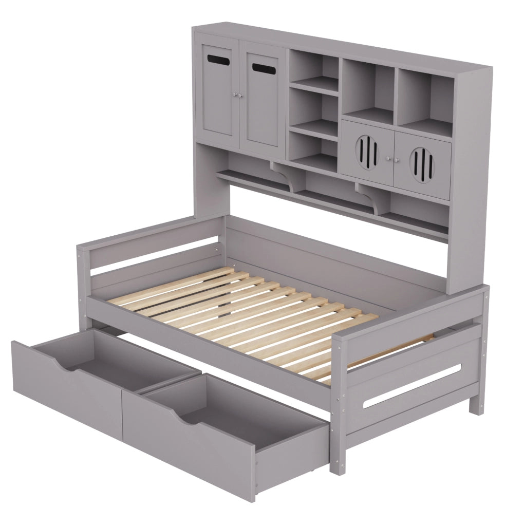 Letto singolo multifunzionale 90x200 cm con cassetti e vani contenitivi grigio