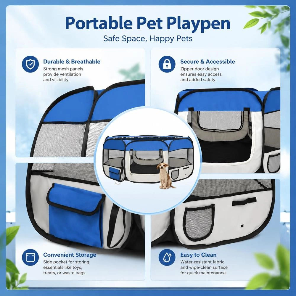 Foldable Puppy Playpen With Carrying Bag, Blue, 145x145x61 Cm