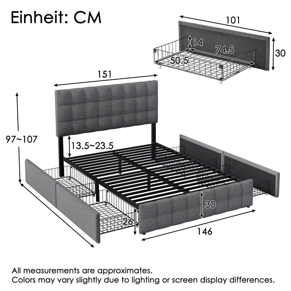 Letto Contenitore Imbottito con Cassetti e Testiera ¨C Xylo ¨C Grigio 140x200 con Materasso