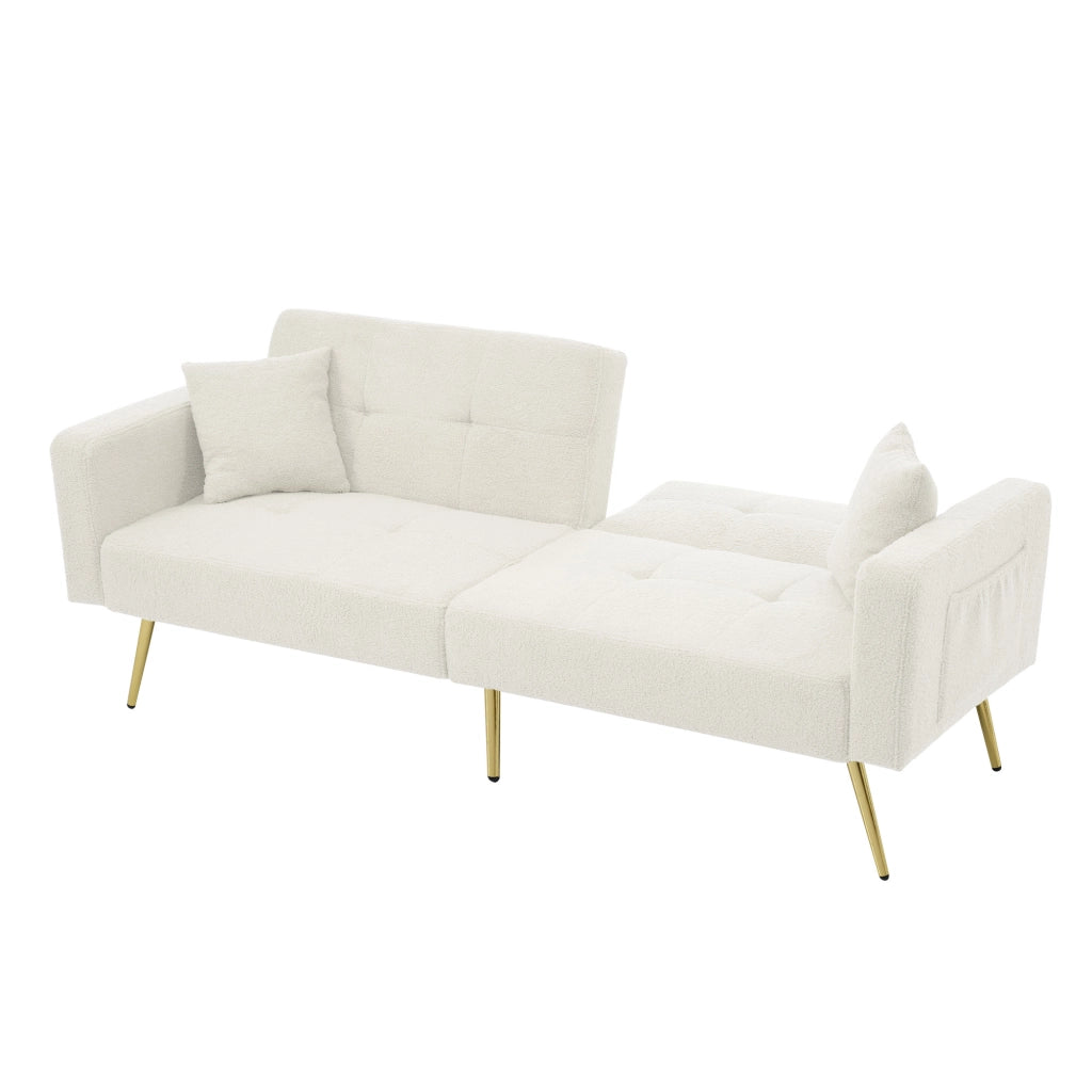 Divano Letto 2 Posti Schienale Regolabile 105-180° con Cuscini e Tasche Laterali Struttura in Legno in Tessuto Bianco
