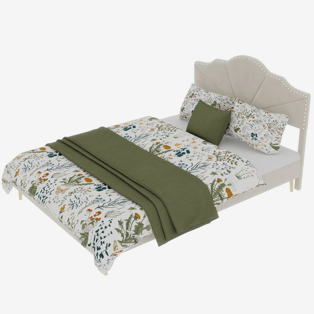 Letto Matrimoniale 140x200 cm con Testiera Imbottita e Rete a Doghe in Tessuto Beige