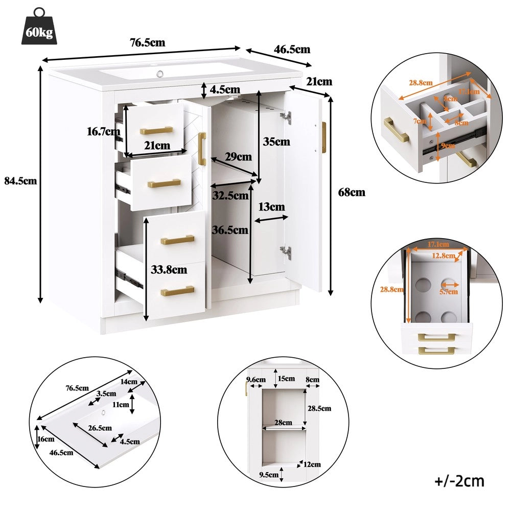 Mobile Sottolavabo con 3 Cassetti e Lavabo in Ceramica ¨C Xylo ¨C Bianco 76.5x46.5x84.5cm