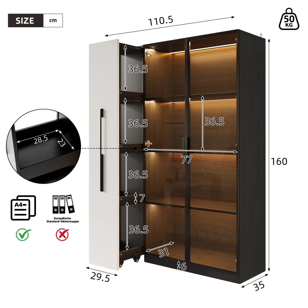 Vetrina con Porta in Vetro e LED; con Ripiano Laterale Estraibile; Stile Moderno; in MDF e Vetro; Nero; 110;5??35??160 cm