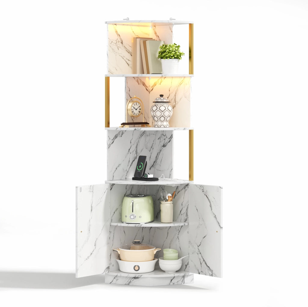 Armadio angolare con illuminazione LED e prese, mobile contenitore con 2 ante, 38x38x180 cm per cucina e soggiorno
