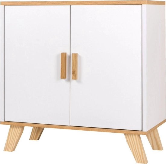 Cassettone da bagno in legno - cassettiera per lavabo - costruzione in MDF robusta - stile e funzionale - bianco con legno di abete chiaro - 60x30x60 cm