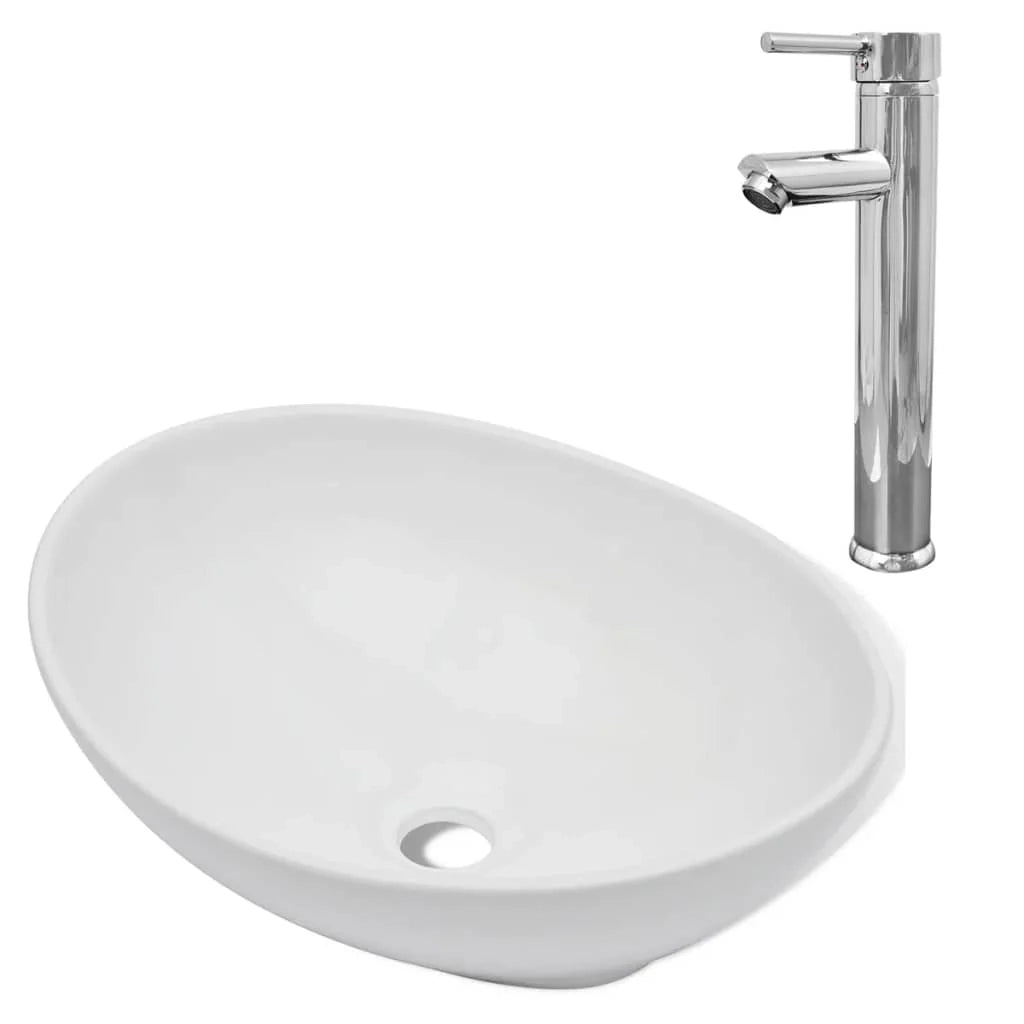Lavandino da bagno con miscelatore ovale in ceramica bianca 02_0002843