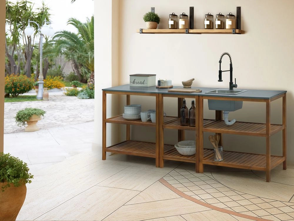 Cucina da giardino in legno di acacia 3 elementi Piano in acciaio con lavello e rubinetto Marrone e nero cucina da esterno