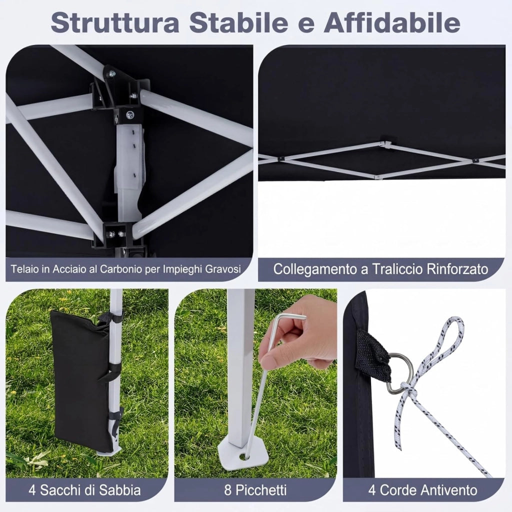 Gazebo da Esterno Pieghevole 290 x 290 cm, Gazebo Pop up con 4 Sacchi di Sabbia e Borsa da Trasporto, Regolabile in Altezza, Telaio Robusto in Metallo, per Mercato, Campeggio (Nero)