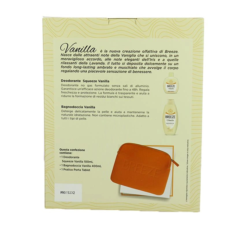 BREEZE VANILLA CONFEZIONE REGALO DOCCIA-SHAMPOO & BAGNOSCHIUMA 3 IN 1 400ML, DEODORANTE SQUEEZE 100ML + PORTA TABLET ELEGANTE