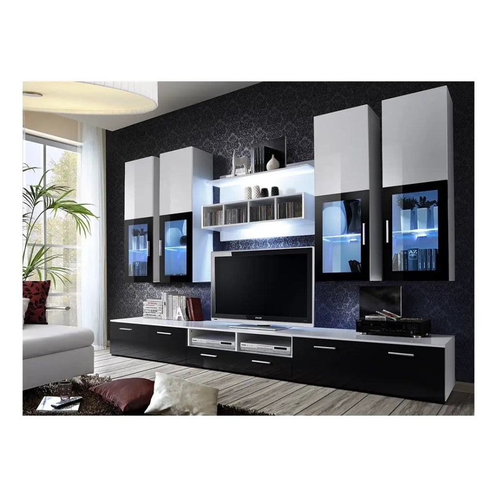 Composizione di mobili TV design collezione LORA. Colori bianco e nero.
