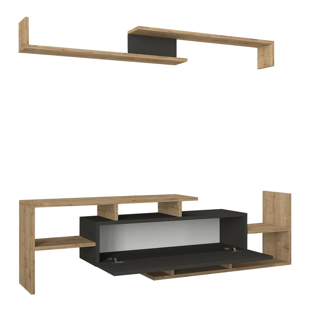 Set Liksefte di Mobile Porta TV e Mensola da Parete - Effetto Rovere Zaffiro / Nero [en.casa]