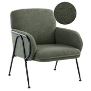 Poltrona verde con rivestimento in bouclé e struttura in metallo stile Century Modern