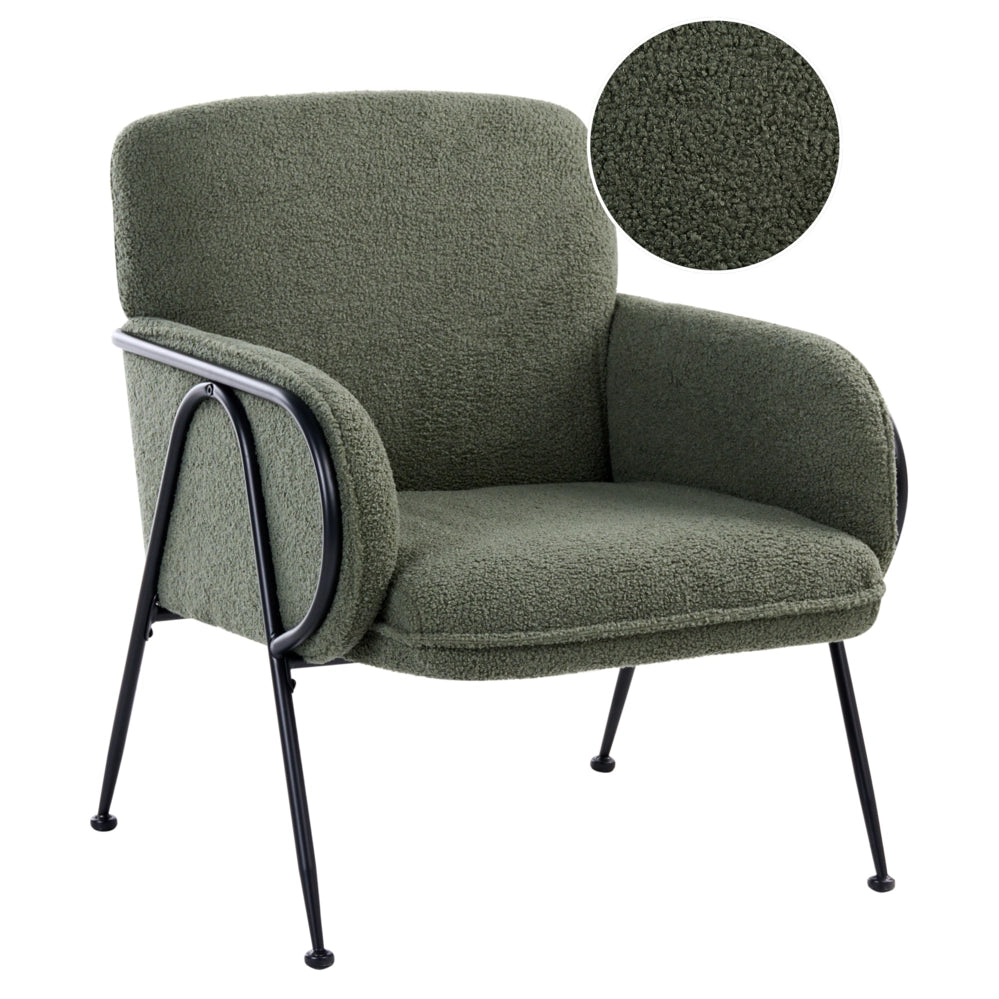 Poltrona verde con rivestimento in bouclé e struttura in metallo stile Century Modern