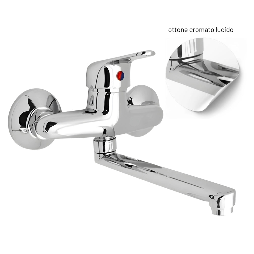 Miscelatore a muro in ottone lavello cucina con 2 canne erogazione orientabile