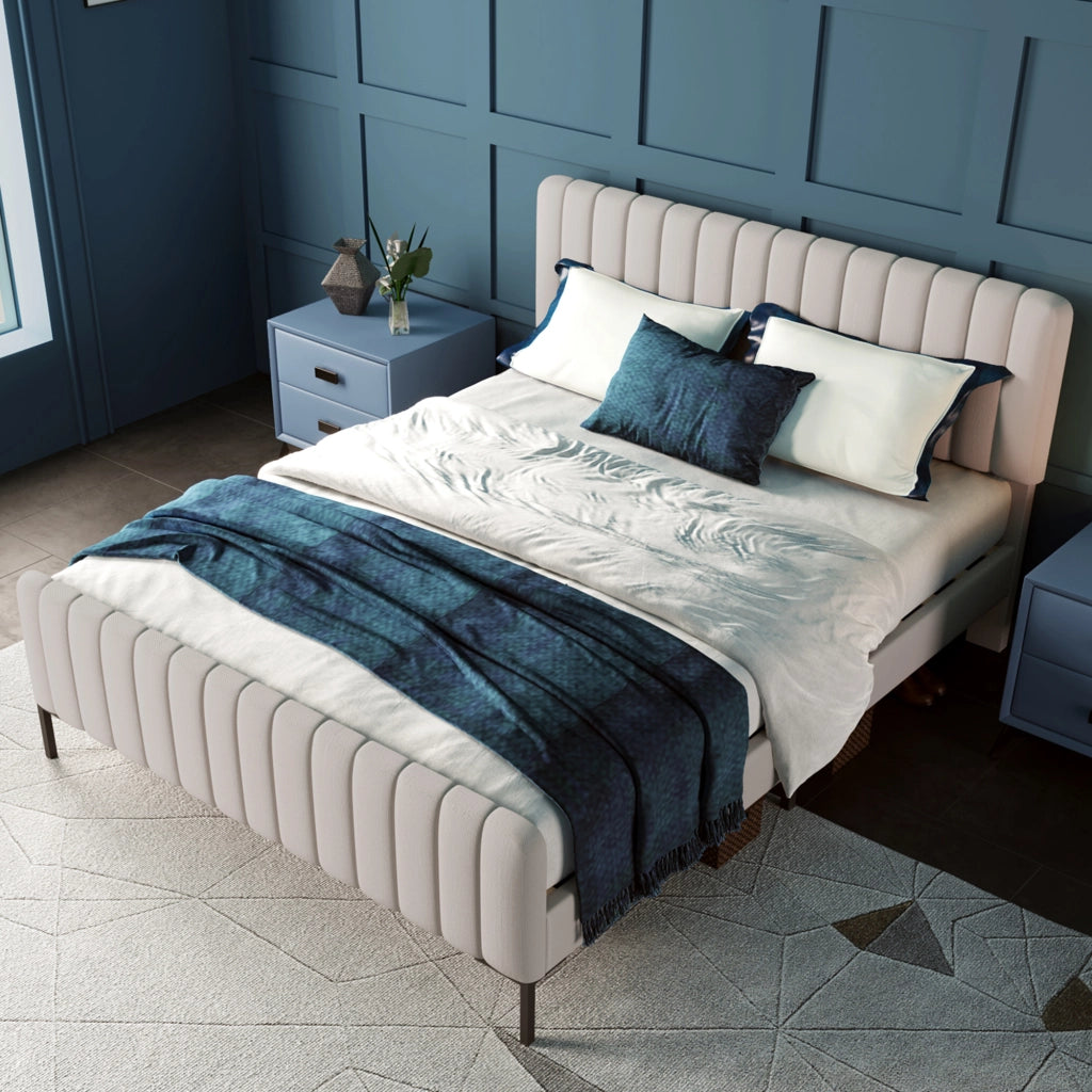 Letto imbottito 140x200 cm con rete a doghe, testiera regolabile, tessuto effetto lino grigio-beige