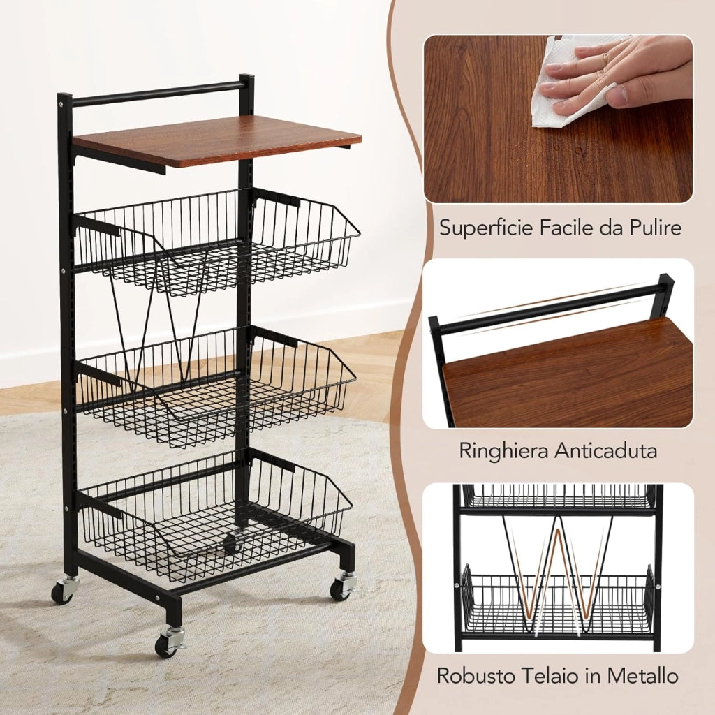 Carrello da Cucina con Ruote, Cestini Portaoggetti per Frutta e Verdura con Cestini Regolabili in Altezza e Rimovibili, Carrello Portafrutta a 4 Piani, Piano in Legno, 40x31x88 cm