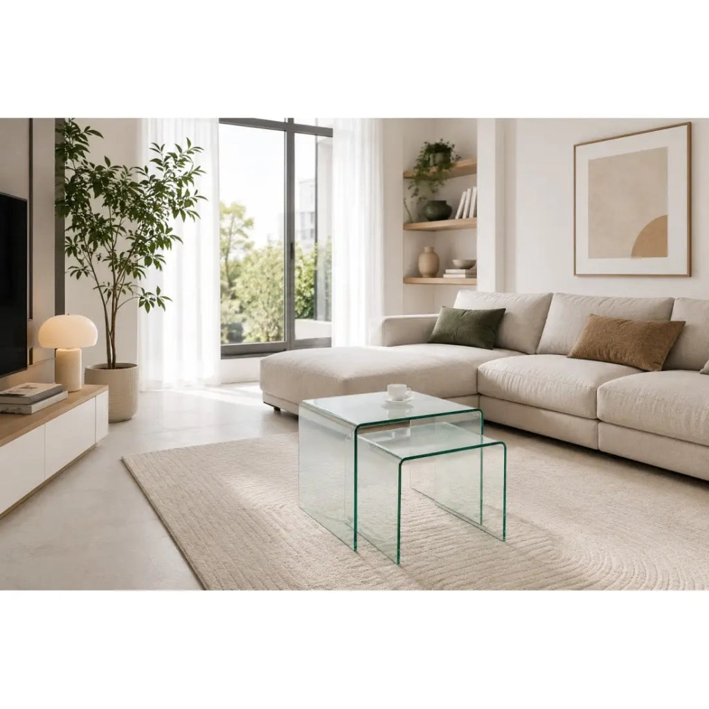 Set di 2 tavolini impilabili HOLOW in vetro temperato trasparente – Design moderno