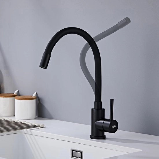 Zwarte Keukenkraan Flexibile 360° Rotante RVS Keukenmengkraan con Spoelbaccia e Sfoglia Idroregolabile con Economizzatore d'Acqua