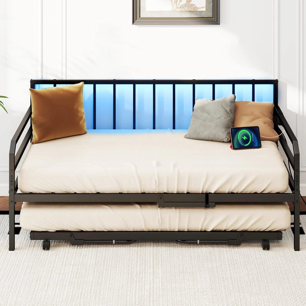Letto Estraibile, Divano Letto Singolo con Luci LED e Stazione di Ricarica, Lettino Matrimoniale con Struttura in Metallo, 2 Pz 90x200 cm, per Soggiorno e Camera da Letto (Nero)