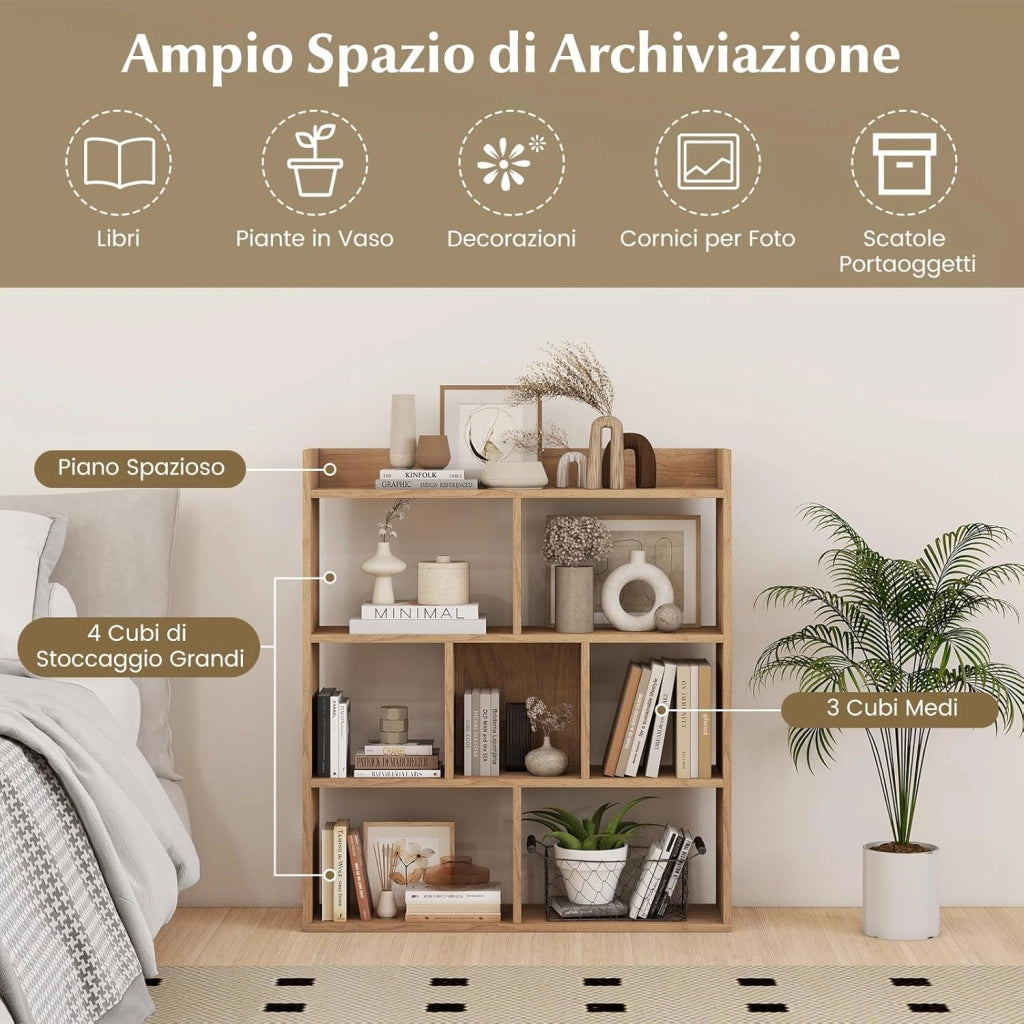 Libreria a Cubi con 7 Scomparti, Mensola Espositiva per l'Archiviazione, Libreria in Legno con Dispositivi Anti-Ribaltamento, per Studio Soggiorno, 80x20x90 cm (Naturale)