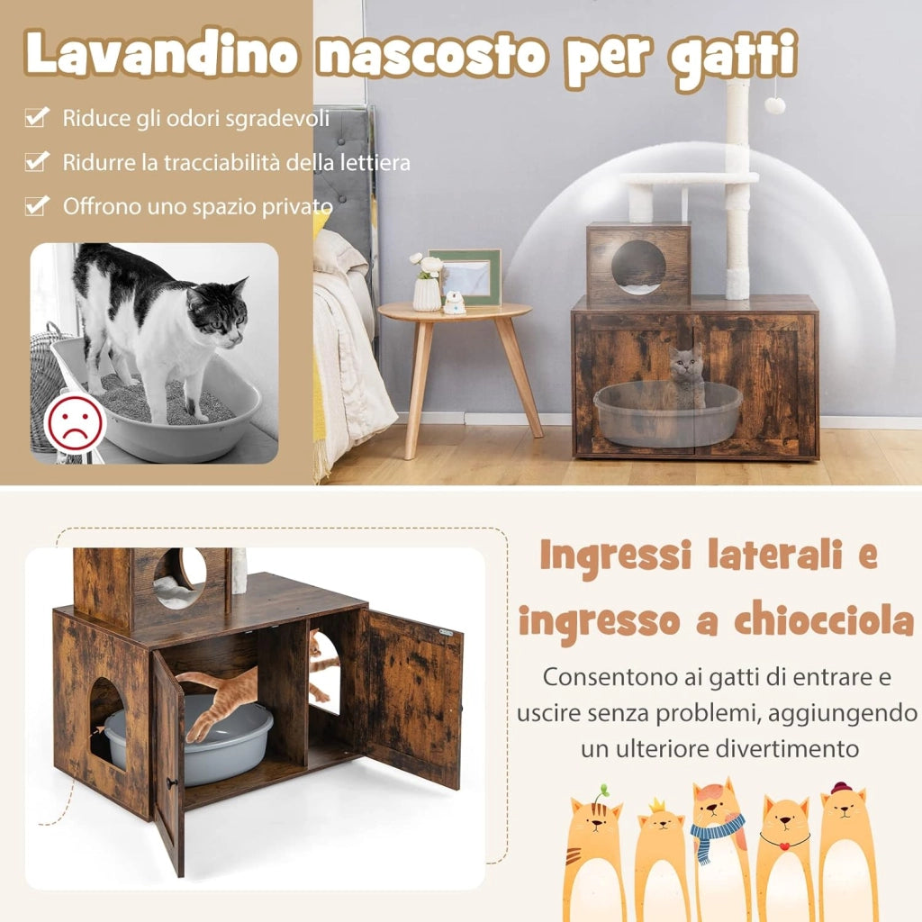 Tiragraffi per Gatti Adulti Con Cuccia, Piattaforma, Cuscini e Albero Alto in Legno - 77,5 x 49 x 132 cm